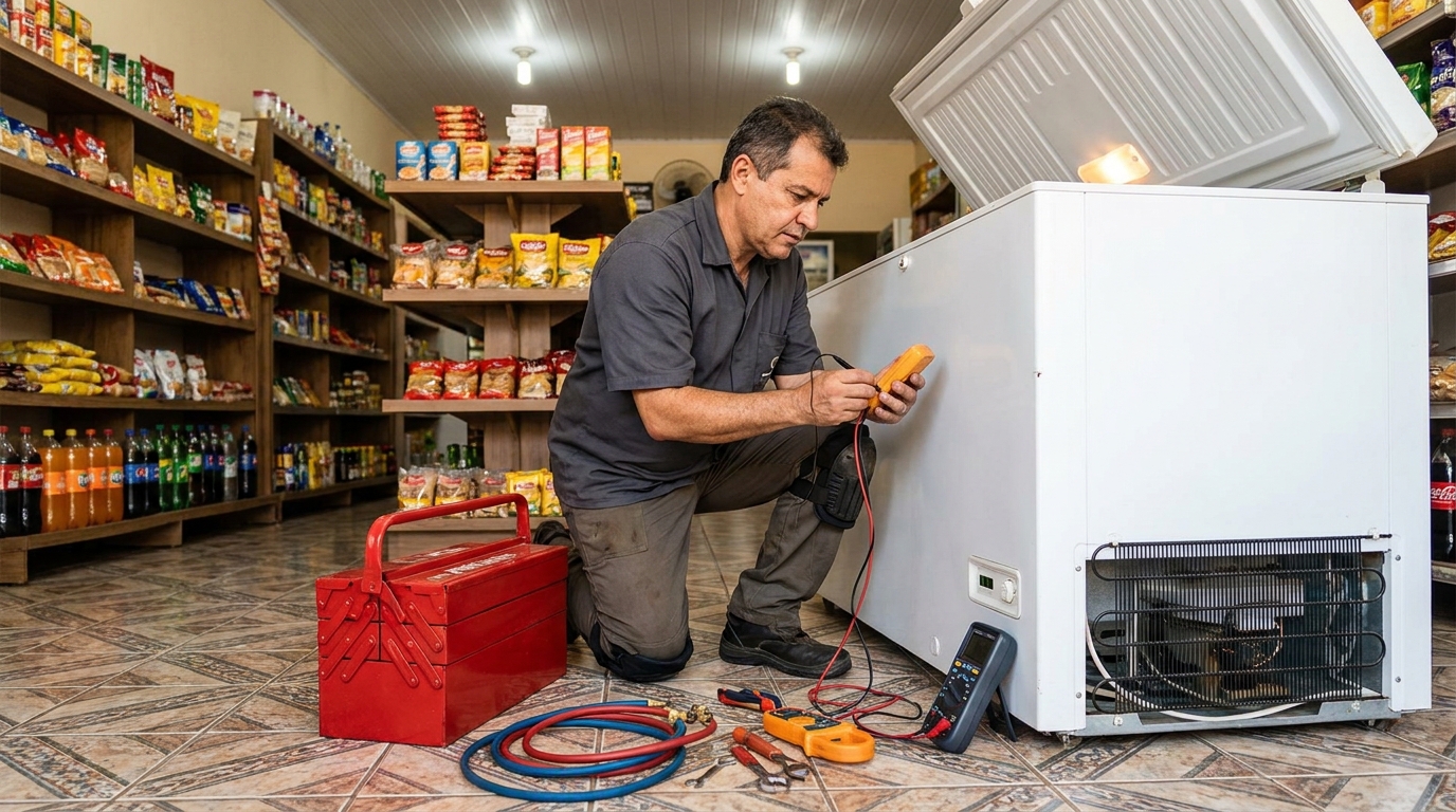Manômetro conectado ao circuito durante recarga de gás de freezer em Contagem‑MG