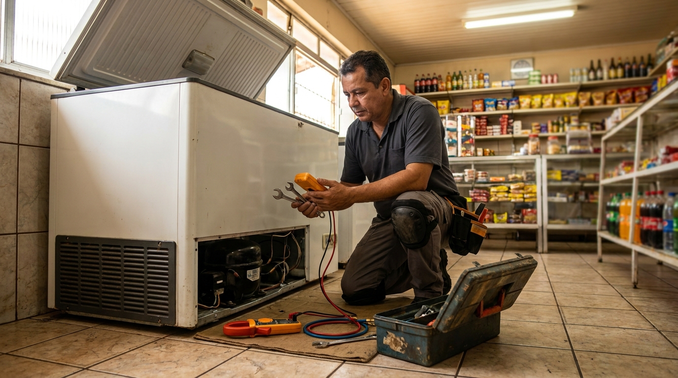 Técnico avaliando um freezer vertical durante atendimento em Contagem‑MG