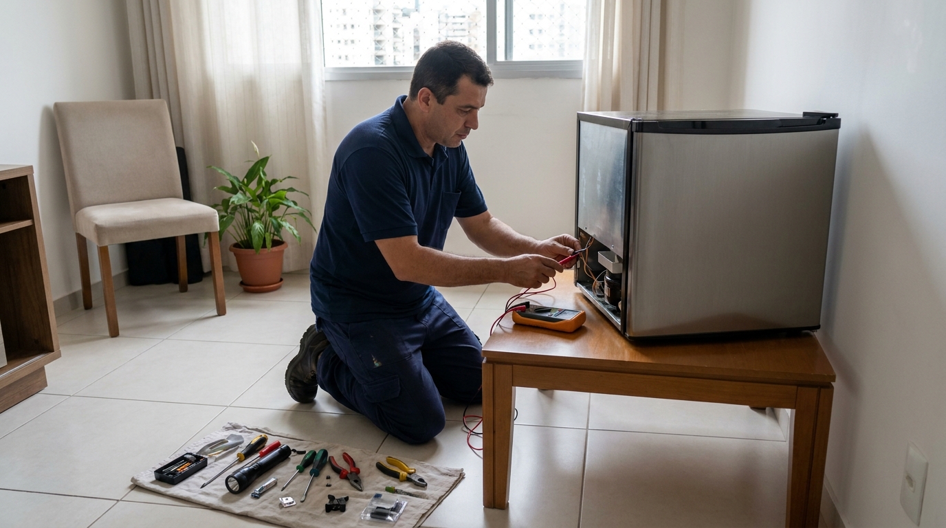Técnico avaliando um frigobar compacto durante atendimento em Contagem‑MG